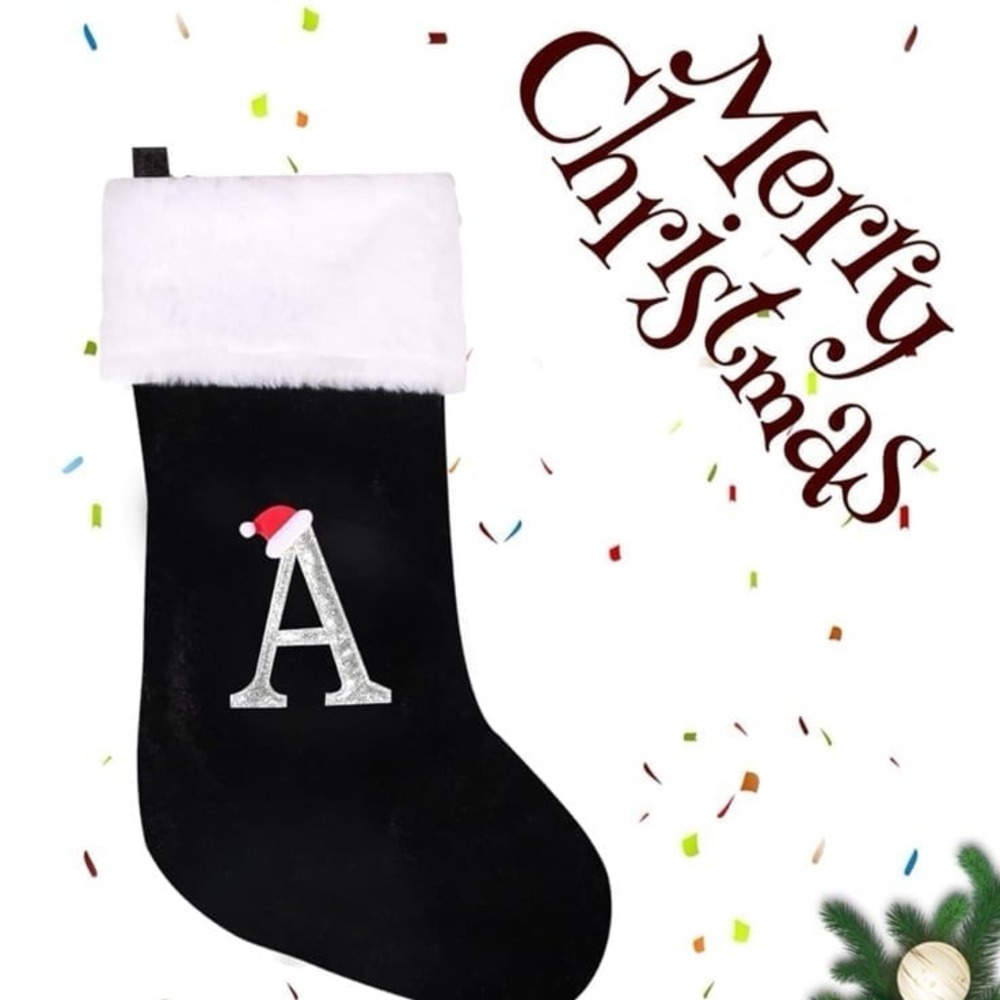 New Initial Monogram Christmas Stocking Personalized‎ Black Velvet letter A
